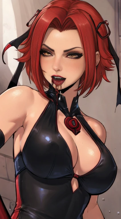 Masterpiece, Best Quality, Photorealistic,  Rayne, Black Dress, vampire fangs, hair ribbons, Average Breasts,, dripping from the mouth,Bloodrayne, view rom above