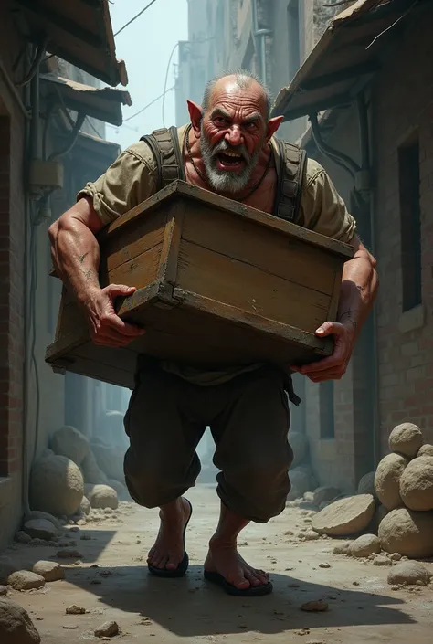 An ugly man carrying a table