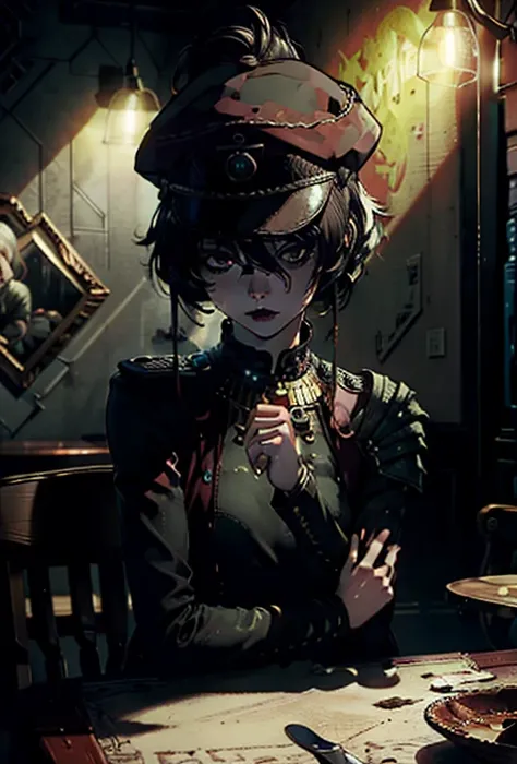 Masterpiece, black blonde styled hair, gloomy girl, dystopian world, military cap, pale military uniform, brown eyes, closed clothung, sits, gloomy military table in the dining room, dystopic art in green iron lights, dim white lights, dystopian post-war c...