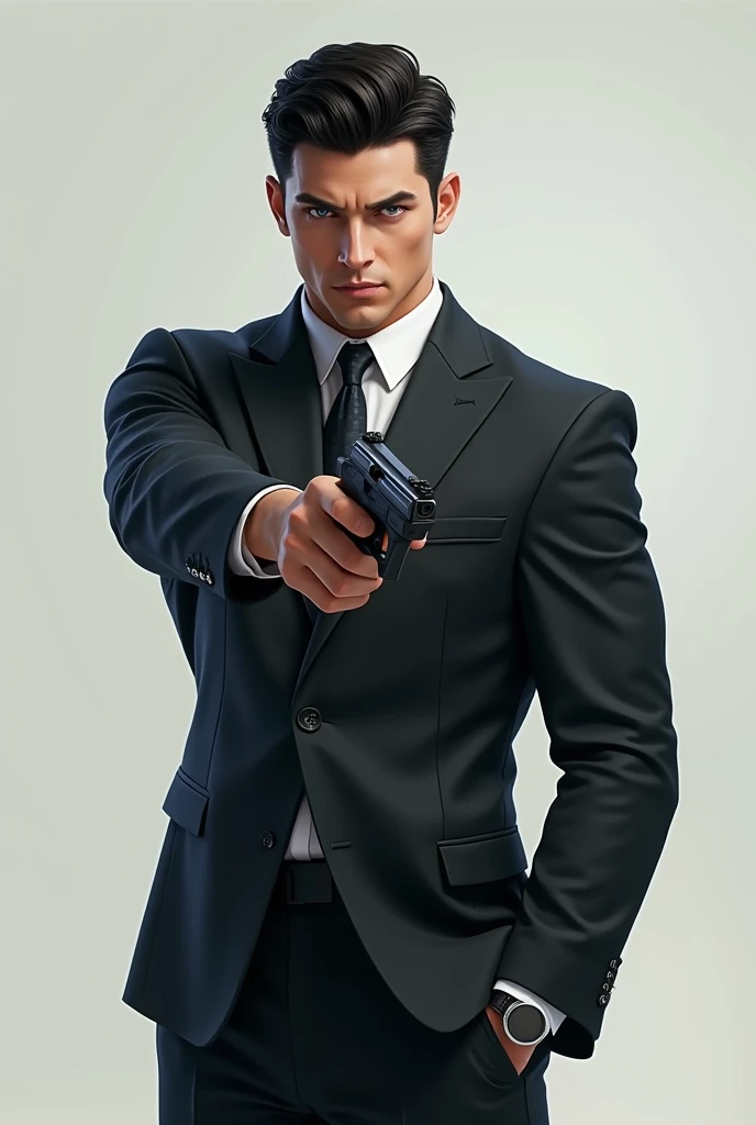 White male, 24-year-old, blue eyes, muscular, tall,Cabello negro, He is wearing a smart suit , chad michael murray with a gun pointing forward 