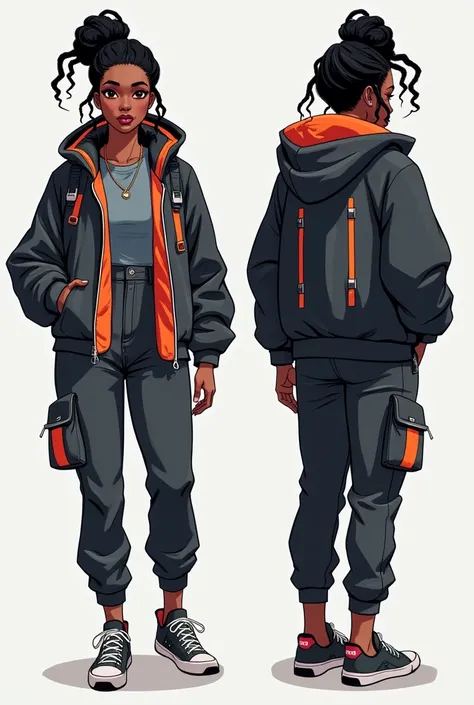 Design a detailed character sheet for a generic urban civilian NPC in a cyberpunk world. The character is a curvy Black woman from Tanzania with rich brown skin, dressed casually in futuristic yet practical clothing. She wears a sleek jacket with glowing n...