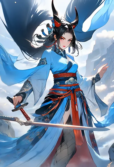 Guofeng, solo focused, monster girl, yaoguai girl,  horns, tail,expressive eyes, illustration,1girl, upper body focus, cowboy shot, blue flames serious expression, best quality, highly detailed, best quality,masterpiece,an extremely delicate and beautiful,...