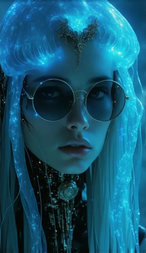 Ethereal Cyborg Woman, bioluminescent jellyfish tiara.  Steampunk glasses fuse with translucent tentacles . Cracked porcelain skin meets iridescent scales. Mechanical implants and delicate tendrils intertwine. Human characteristics with an otherworldly glo...