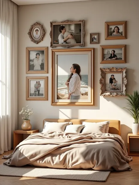 A picture background a bedroom with photo frames on the wall