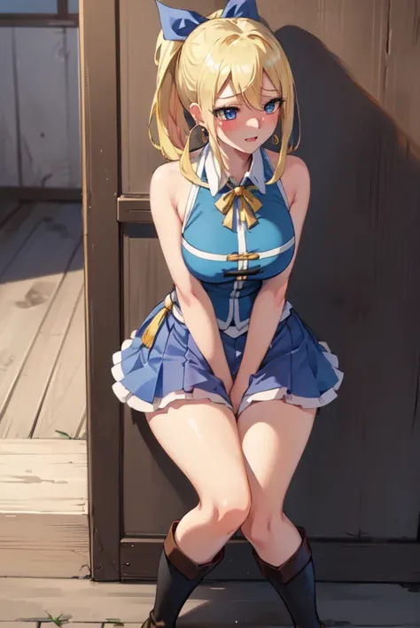 Lucy heartfilia, blonde hair,queue de cheval sur le côté, blue eyes, eyelash, hoop earrings, short hair, earrings, large breasts, belle poitrine, belle cuisses, break, blue ribbon, boucles doreilles, bottes cuissardes, chemise bleue, chemisier sans manches...