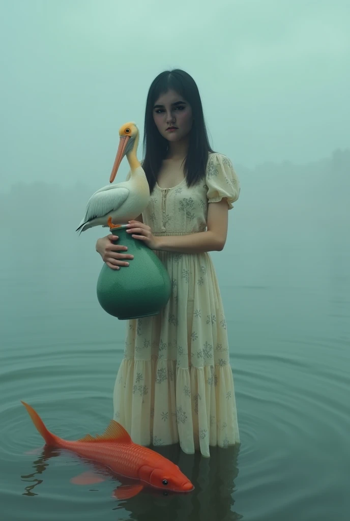 A surreal photograph of a beautiful young woman holding an old green ceramic jug with a pelican bird inside of it, standing in water up to her knees with fish and wearing a simple long dress with a floral pattern. There is fog around and behind her. She ha...