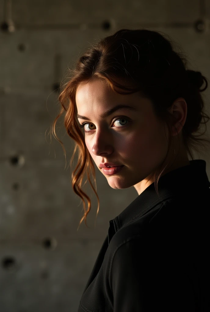  A photo of a Sophie Turner, half in silhouette, tilts her head and looks into the camera. Natural diffused light illuminates her face creating soft transitions between light and shadow. She has a face of surprise High detail of her face and skin. A concre...