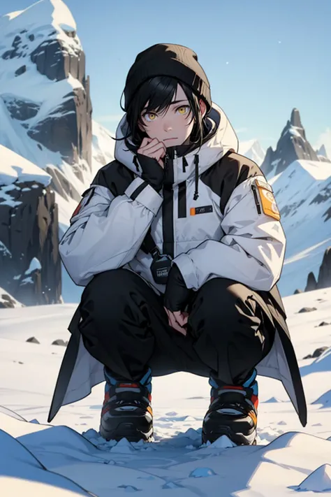 Antarctica snow mountains penguins winter clothes solo black hair yellow eyes pale skin squatting cold