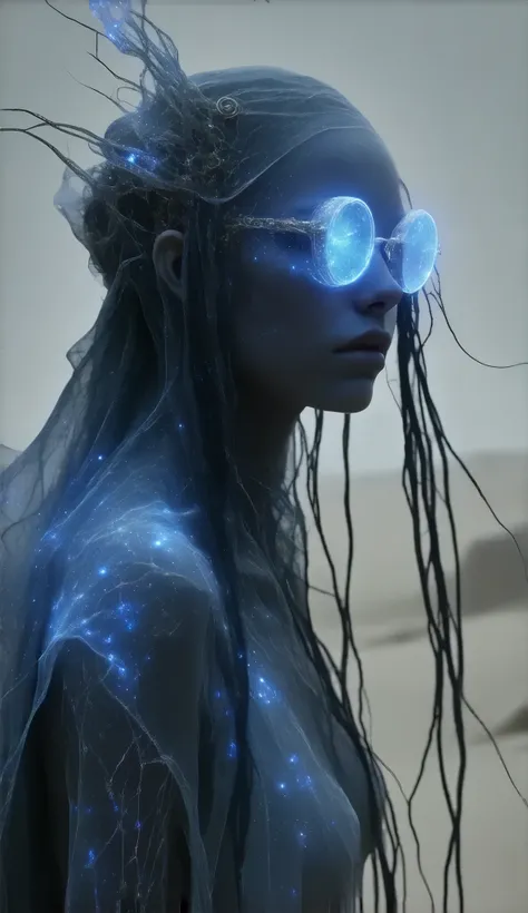 Ethereal Cyborg Woman, bioluminescent jellyfish tiara.  Steampunk glasses fuse with translucent tentacles . Cracked porcelain skin meets iridescent scales. Mechanical implants and delicate tendrils intertwine. Human characteristics with an otherworldly glo...