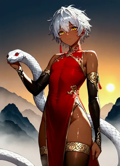 1boy, silver hair, short hair, red streaked, messy hair, yellow eyes, shiny dark skin, legs, detailed stockings, white snake with red eyes, red sleeveless qipao, black arm covers, mountain, sunrise, sun, dramatic lighting, fog, ear accessory, masterpiece, ...