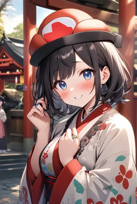  One Girl ,  shortcuts,  black hair,  blue eyes,  blush, Girl wearing a Mario hat ,  New Year, shrine,  dress, Ring the bell