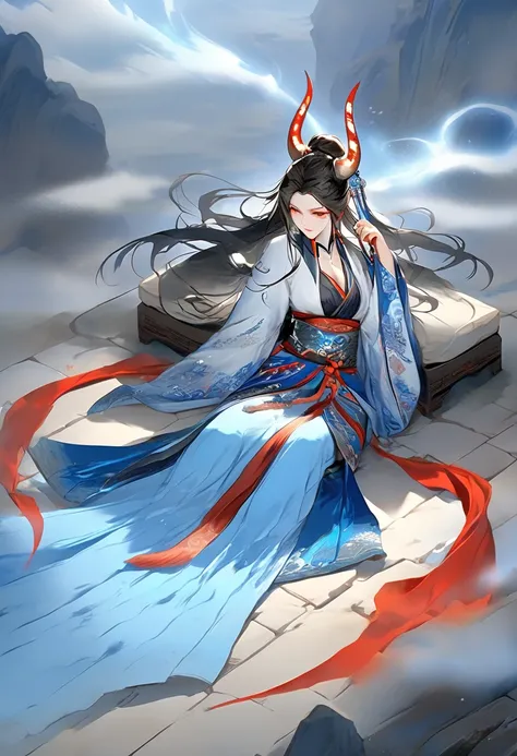 Guofeng, solo focused, monster girl, yaoguai girl, horns, tail, side profile, expressive eyes, illustration,1girl, blue flames, angry expression, laying on the ground, on her knees, torn cloths, injured body, wet, best quality, highly detailed, best qualit...