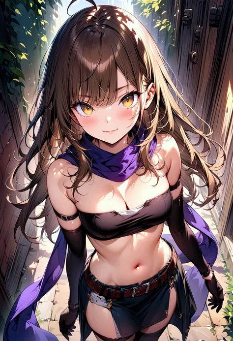 (masterpiece),(best quality),(ultra-detailed),(best illustration),(best shadow),(detailed background), 1girl, solo, thighhighs, gloves, long-hair, brown-hair, breasts, navel, smile, medium-breasts, black-thighhighs, belt, brown-eyes, midriff, bandeau, simp...