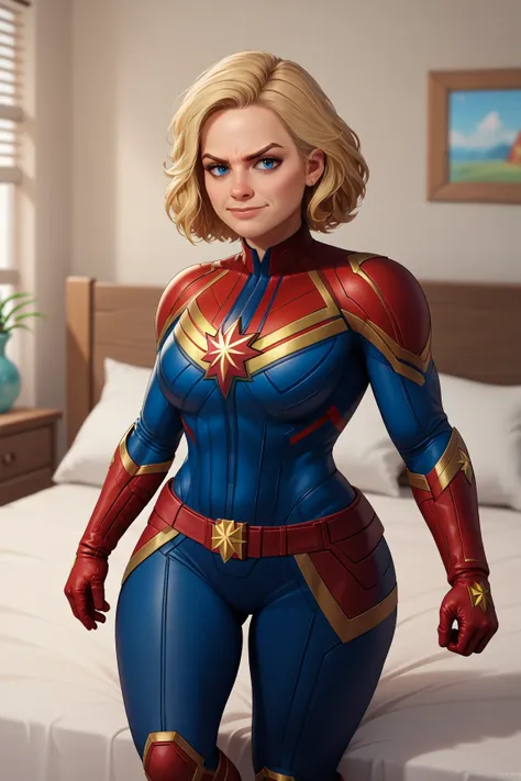 1 chica sexy, Brie Larson, annoyed, Alone,  big breasts,  wide hips,  thick thighs in bed,  big ass, Captain Marvel,  cptmvl ,  blond hair ,  short hair, Blue eyes,  red and blue body suit, red gloves,  belt,  big breasts,  ironic smile ,  Laboratorio alie...