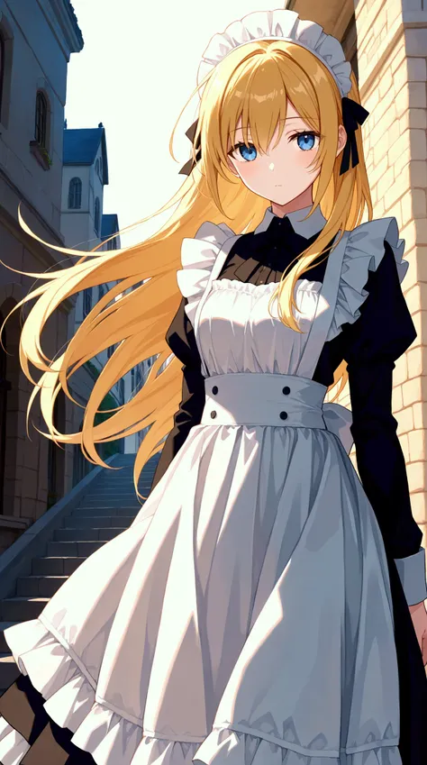 (( masterpiece )), (( Better quality)), (( highres icon)), (( detailed background )), (( extremely detailed CG unity 8k wallpaper)), Alone, Shiona,  blonde hair,   long hair ,  blue eyes, tuft of hair, cowboy shot,  outdoor, ((maid outfit))