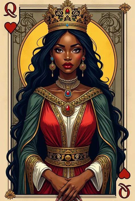 playing card Queen, black woman, illustration, portrait color line art, medieval style.

