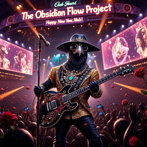 Stadium Blues Rock concert. The band "The Obsidian Flow Project" rocks the stage. A muscular and cool looking anthropomorphic crow is the lead singer and guitarist donned in an ornate black and gold shining suit made if diamonds, a black fedora, large diam...