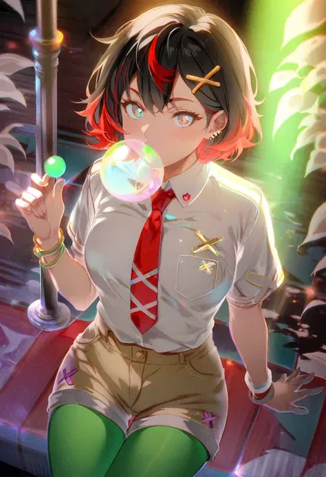  anime girl with short black hair ,  x-shaped pin in her red hair,red tie,white shirt,  blowing a bubble of chewing gum ,short brown shorts , and green tights with white stripes ,limelight 