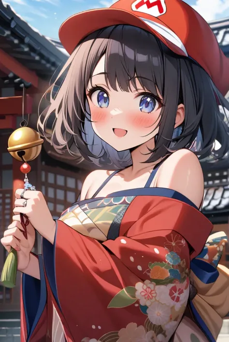  One Girl ,  shortcuts,  black hair,  blue eyes,  blush, Girl wearing a Mario hat ,  New Year, shrine,  dress, Ring the bell, Off-the-shoulder kimono, おみくじ引く, ハッピーニューイヤー
