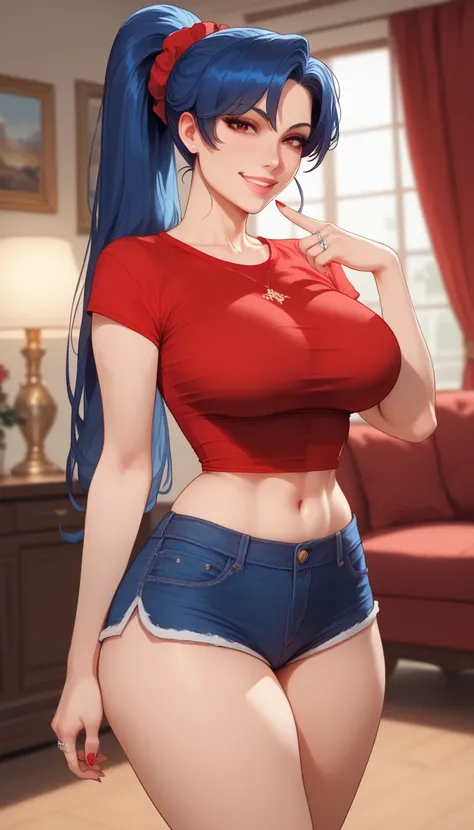 ultra-detailed, 1girl, solo, ((masterpiece)), (best quality), (highres), 16K, red eyes, blue hair, long hair, ponytail, married woman, housewife, wearing red shirt, bootyshorts, ring on finger, busty body, large breasts and a beautiful ass, showcasing clea...