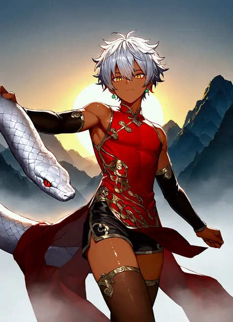 1boy, male, silver hair, short hair, red streaked, messy hair, yellow eyes, shiny dark skin, black shorts, legs, detailed stockings, white big snake with red eyes, red sleeveless qipao, black arm covers, mountain, sunrise, sun, dramatic lighting, fog, ear ...