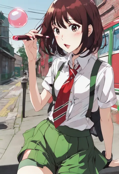 A girl,moody anime-style look , with short black hair ,  x-shaped pin on red hair,red tie,white shirt,  blowing a bubble of chewing gum ,short brown shorts , and green tights with white stripes ,limelight
