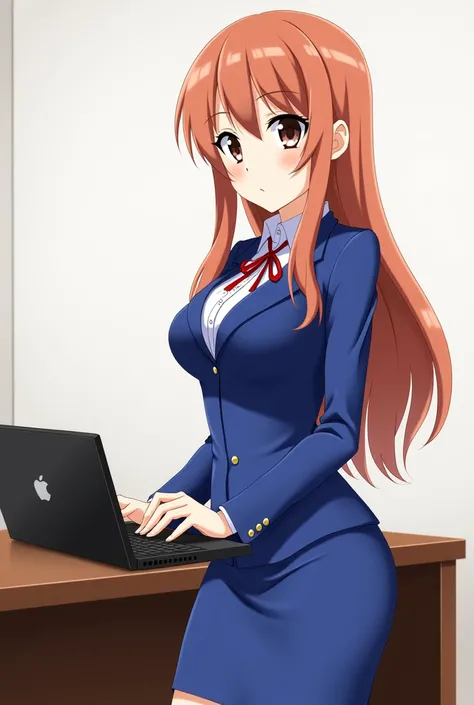 anime girl in blue dress standing at a desk with a laptop, seductive anime girl, beautiful alluring anime woman, marin kitagawa fanart, attractive anime girl, female anime character, beautiful anime woman, beautiful anime high school girl, anime woman, ( w...