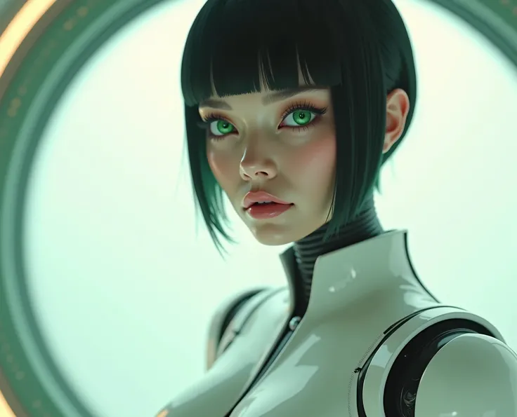 close up cinematic photography of a beautiful android woman, green eyes, short straight hair, sexy and sculpted body, beautiful breasts, with a tight sexy white low-cut exoskeleton, walking inside a retro futuristic spaceship, 2000s style science fiction, ...