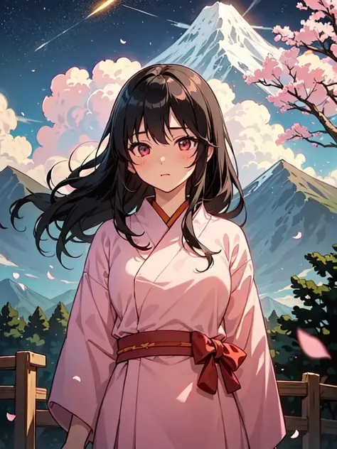 ( top quality , masterpiece),( One girl , Shrine maiden, comments, expressions, dark eyes, Look ahead , black hair, walking , upper body), (Night maze sky, Behind a big old tree, pink glowing petals falling behind, The shrine behind, Mountain Background, B...