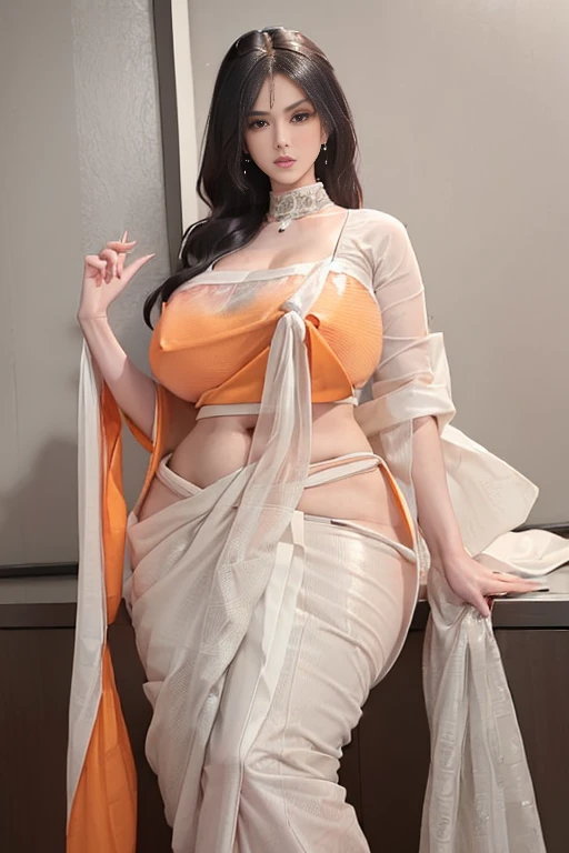 (SFW: 1.5) , thin waist, no fat,( extremely beautiful woman : 1.5), plump body, voluptuous, gigantic droopy in orange colored saree, hyper massive large breasts, thick tight,very tall woman, long wavy bangs, seductive pose, milky white skin, pink nipples, ...