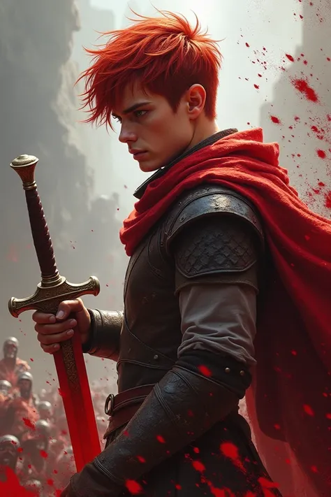  A boy with a very handsome profile face with red hair of approximately . With a bloodied sword drawn ,  and around him the attackers he destroyed with his sword .  There are also blood splashes on his intact body ..