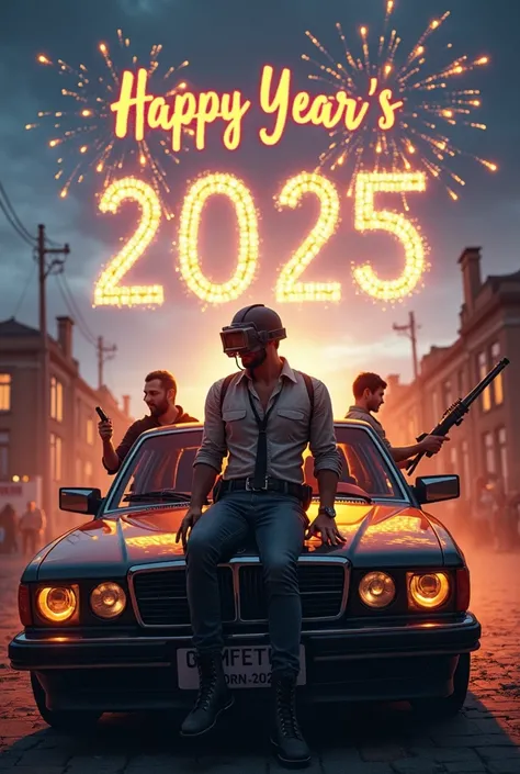 Generate a Happy New Year 2025 in pubg theme , erangle map , an character sitting on bonut of a car and some enjoying in side of him , firecrackers in sky, Written Wishesh and Square Size Image write Happy New Year 2025 In Big Characters 