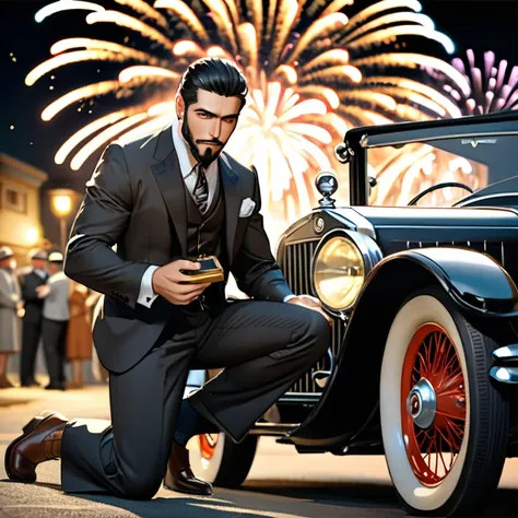 Adult Arab man, Mafia don, stubble beard, short black hair, brown eyes, in front of antique car, kneeling on one knee, holding open ring box, proposing, wearing 1920s American mens clothing, in love, offering his hand to viewer, midnight, fireworks going o...