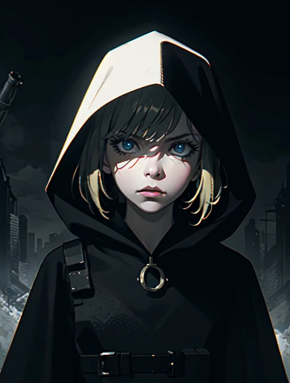 a girl in a dark, dystopian world, wearing a hooded cloak, post-apocalyptic scene, dramatic lighting, cinematic composition, moody atmosphere, detailed face and eyes, intricate details, highly detailed, 8k, photorealistic, cinematic lighting, dramatic shad...