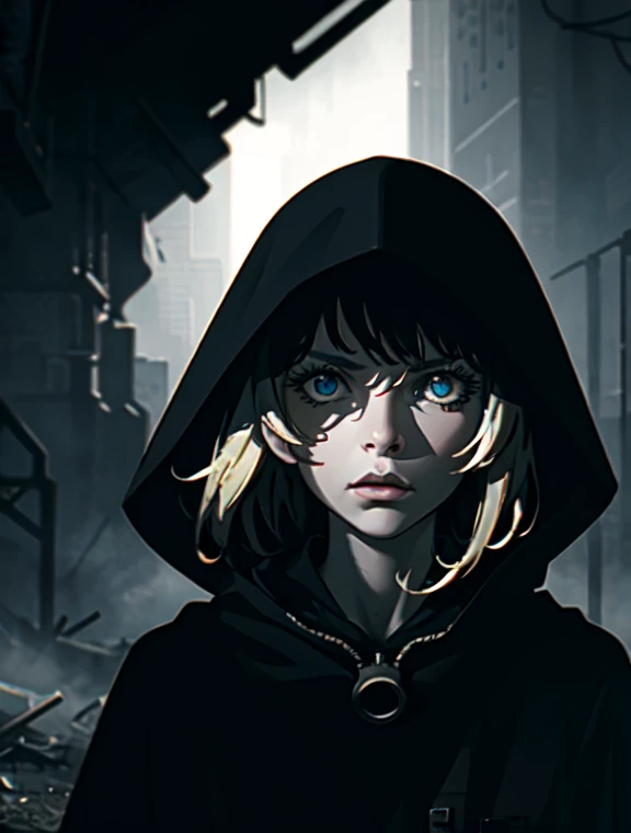 a girl in a dark, dystopian world, wearing a hooded cloak, post-apocalyptic scene, dramatic lighting, cinematic composition, moody atmosphere, detailed face and eyes, intricate details, highly detailed, 8k, photorealistic, cinematic lighting, dramatic shad...