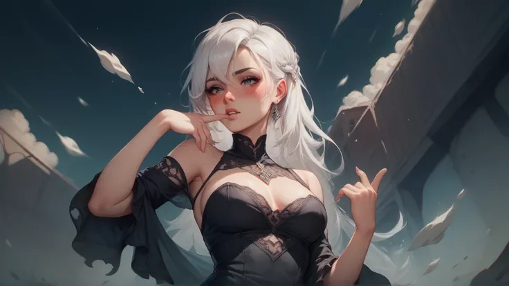 2B, in a destroyed city covered by nature, looking down at the spectator in a seductive and attractive way with her beautiful black dress,  white hair,  medium breasts , cute and detailed face, blush, with one finger in the mouth , 