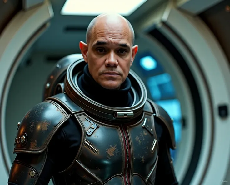 cinematic close-up photograph of a bald man, dark eyes, wearing an old and worn metallic black astronaut suit, standing inside a spaceship in the style of The Expanse series, science fiction in the style of the 2000s, image in pastel tones