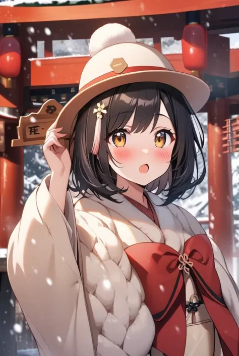  One Girl ,  shortcuts,  blush,  black hair,  golden eyes,  New Year, shrine,  dress, Mario&#39;s Hat,  Its snowing 