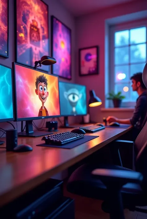 Design a vibrant blur gamer room with a Disney Pixar Cartoon poster, holding  with a well-lit and engaging expression. Maintain a sharp, eye-catching composition suitable for YouTube