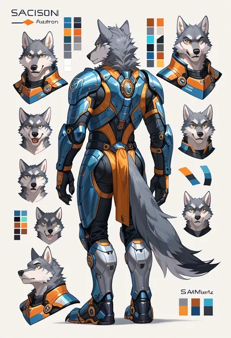 score_9, score_8_up, score_7_up, male, wolf, canid, gray fur, armor sci-fi, sci fi, sci fi armor, heavy armor, model sheet, front view, rear view