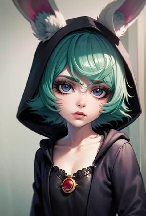 masterpiece,(best quality,top quality,8k),illustration,painting,detailed eyes and face,(1girl),vex,(green hair,short hair),(black pajama,cleavage:1.2),purple eyes,black hoodie,rabbit ears, pretty girl, beauty skin, ultra high res, raw photo, ultra detailed...