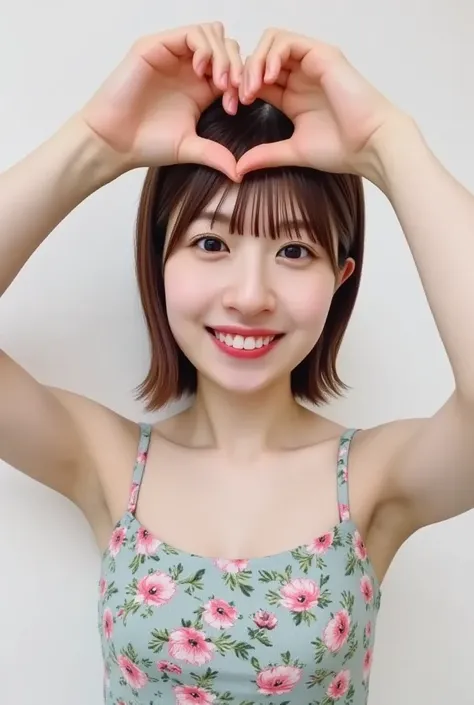 She is in a position wearing a t-shirt,  Im making a heart shape with both hands ,  Cute Smile Up、  its on a monotone background

