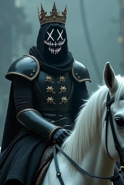 Prince Charming a black God-mask from the movie The Purge, a neon white X over the eyes, a stitched mouth, Sitting on a white horse , He has a crown on his head and is dressed in shining armor 