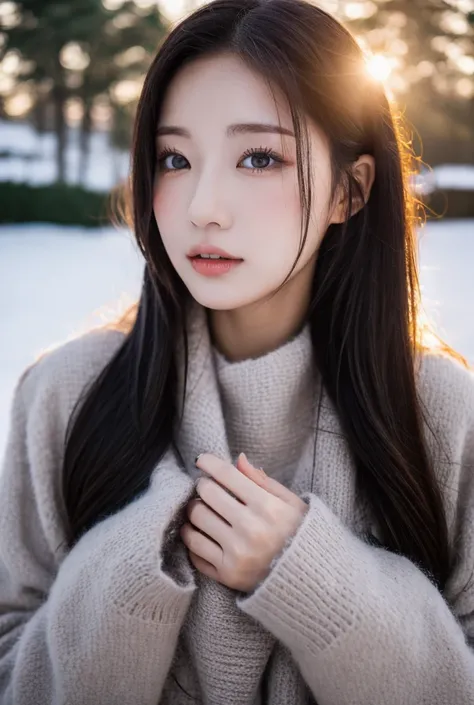  First Sunrise　Japanese beauty with long black hair　Asian beauty with long dark hair in winter clothes 　8K HD 