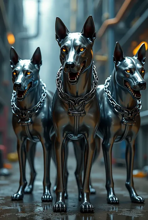 3 dogs with metallic chrome chains