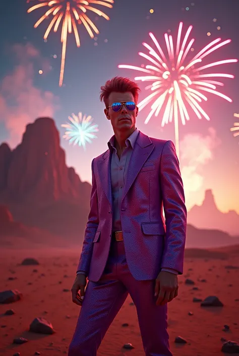 David bowie, purple suit, celebrating new year with fireworks, planet mars