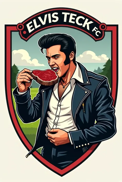 Create a soccer shield that is called “ELVIS TECK FC” and Elvis Presley has to appear eating a steak