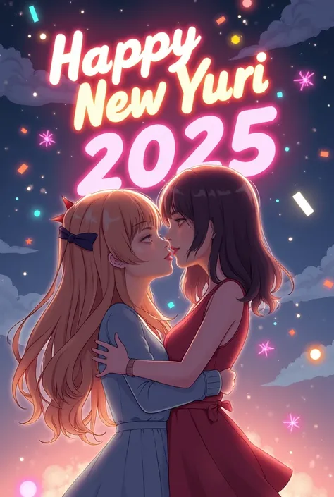 Make the 2 characters kiss and in the background have a text saying happy new yuri 2025