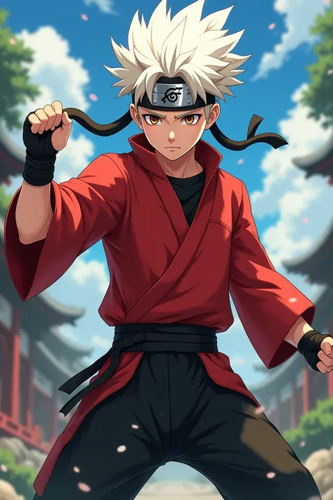 anime male, bushy spiky hair, white hair, light brown eyes, light skin, ninja, red top, black bottom ninja pants, headband, 