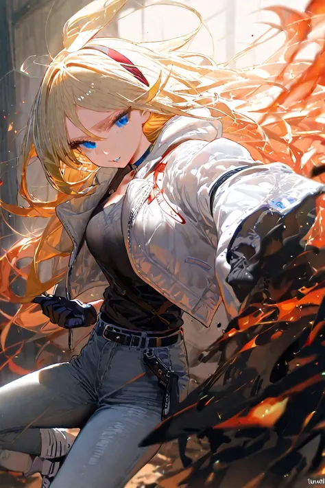 1girl, pants, solo, gloves, blonde_hair, blue_eyes, long_hair, jacket, denim, jeans, black_gloves, belt, hairband, open_jacket, red_hairband, white_jacket, shirt, fire, black_shirt, open_clothes, looking_at_viewer, breasts, choker, clenched_hands, high_hee...